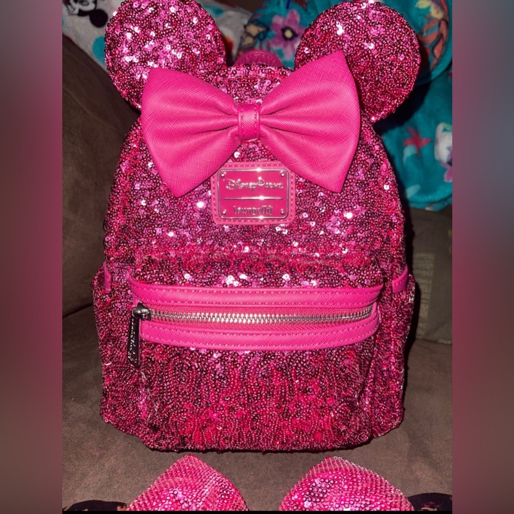 Disney parks Loungefly Magenta hot pink sequin backpack & ears - Picture 2 of 11